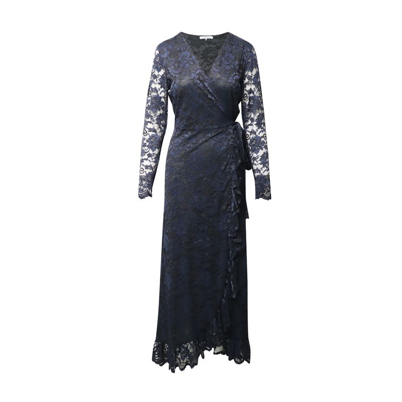 Ganni Flynn Ruffle Lace Wrap Dress In Navy Blue Polyamide